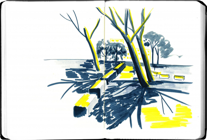 Croquis du parc dans lequel se tient l'entretien avec Anissa, réalisé au feutre et à l'encre de Chine et mis en couleur à la tablette graphique